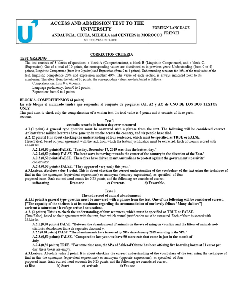 French Language Admission Test 2019-2020 | PDF | Linguistics | Human ...