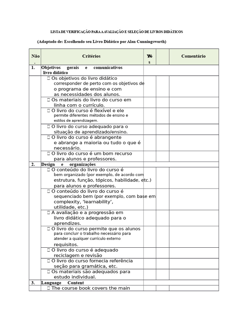 Avaliação de Livros Didáticos: Checklist | PDF | Livro didático ...