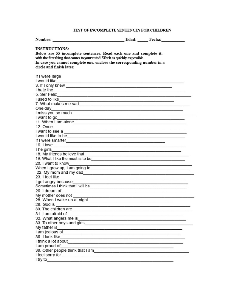 Children's Incomplete Sentences Test | PDF | Human Development ...