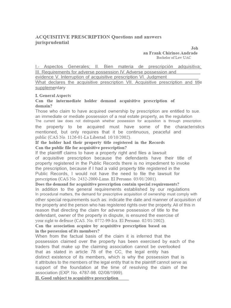 Acquisitive Prescription Explained | PDF | Evidence (Law) | Adverse ...