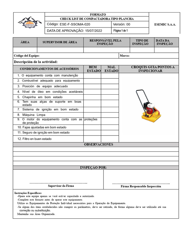 Checklist de Inspeção Compactadora Plancha | PDF