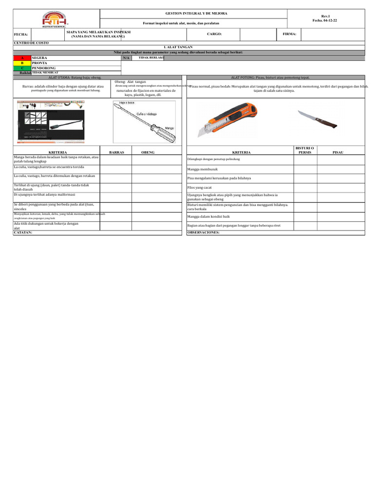 Format Inspeksi Alat Untuk Pekerjaan | PDF
