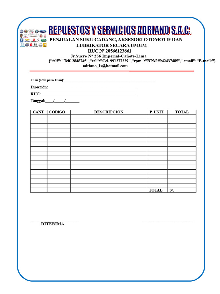 Proforma-Penjualan Suku Cadang Dan Pelumas Umum Adriano | PDF