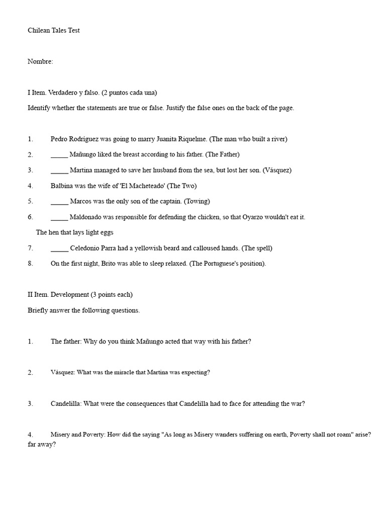 Chilean Tales Test for 4th Grade Students | PDF