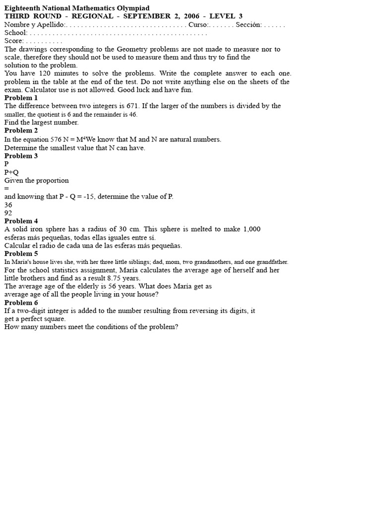 18th National Mathematics Olympiad OMAPA - Regional Round - 2006 ...