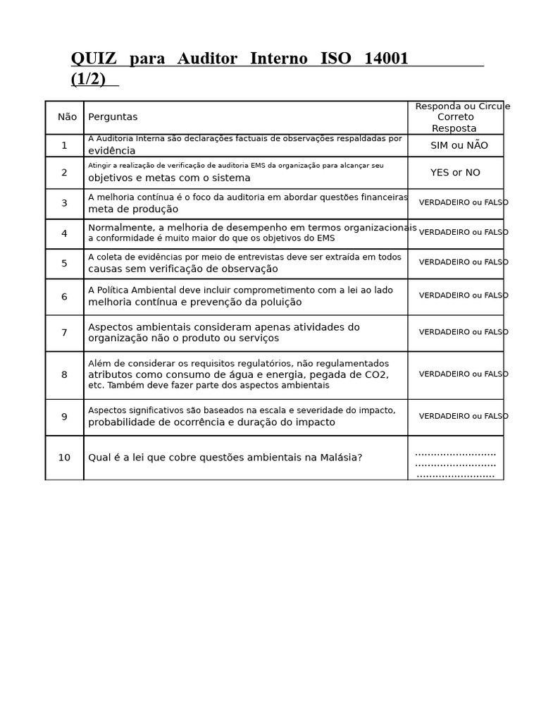 Quiz para Auditor Interno ISO 14001 | PDF | Auditoria interna