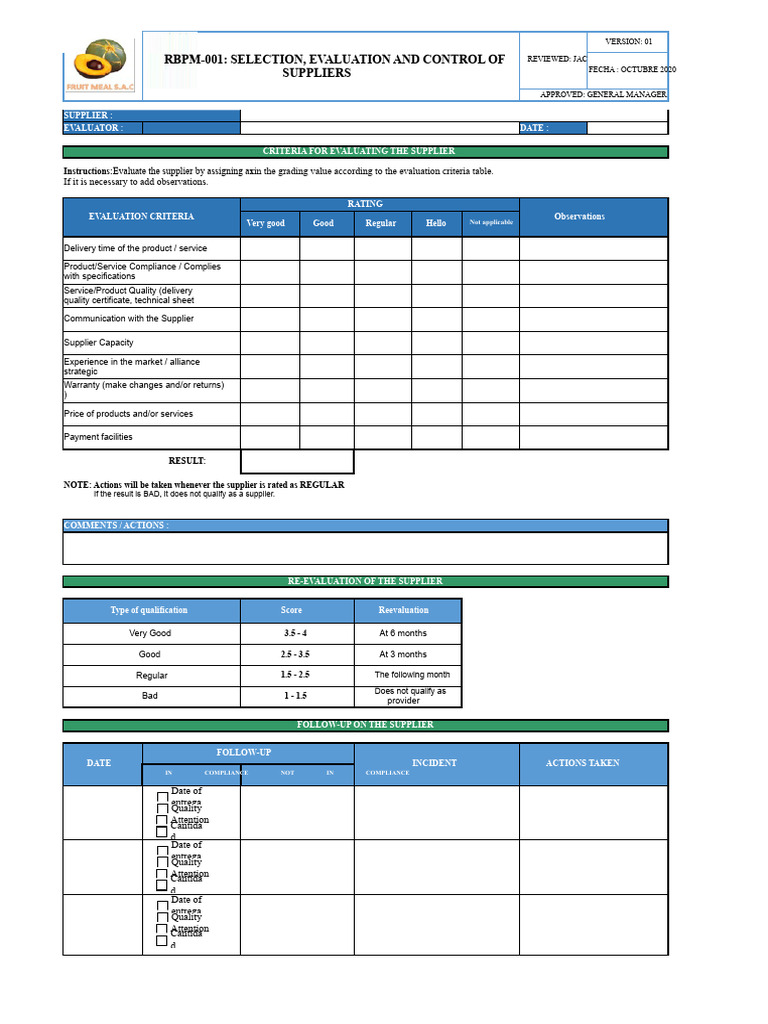 Rbpm-001 Selection, Evaluation, and Control of Suppliers | PDF | Business