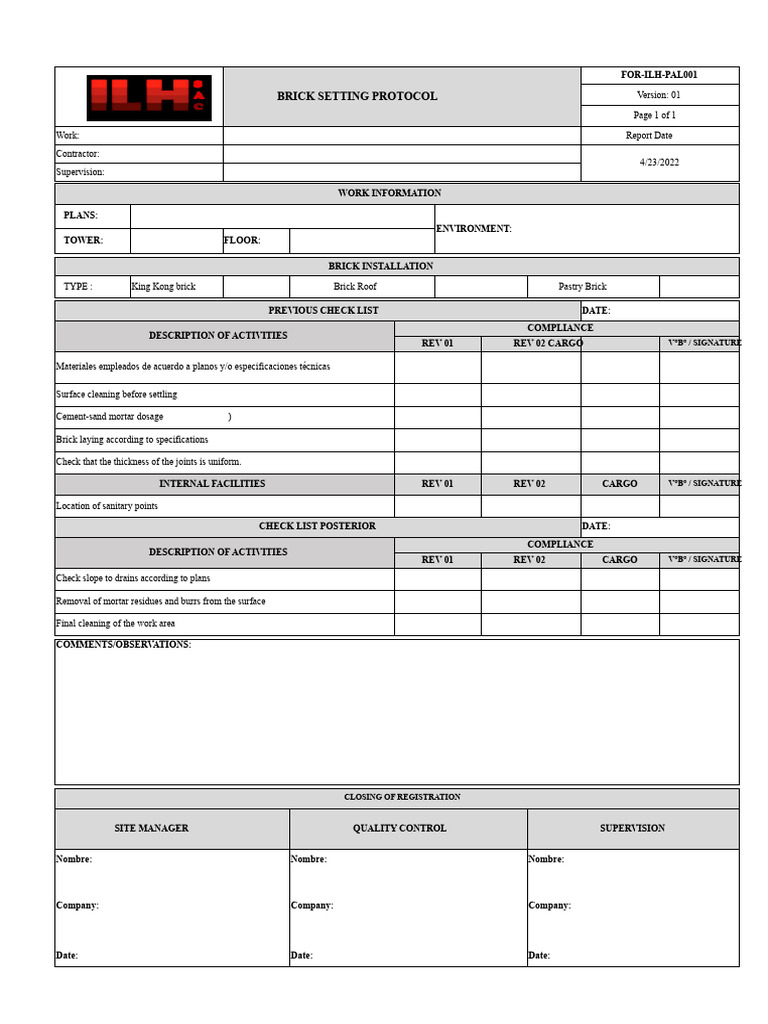 Brick Laying Protocol | PDF | Building Engineering | Building Materials