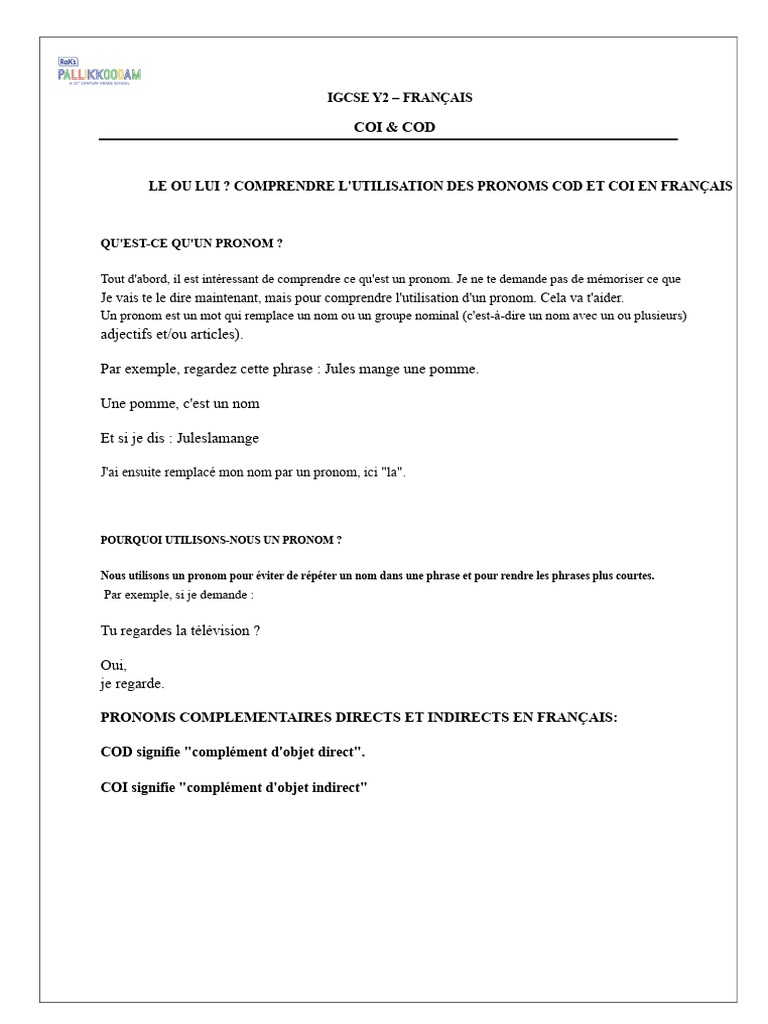 Pronoms COD et COI en français | PDF | Complément d'objet | Pronom