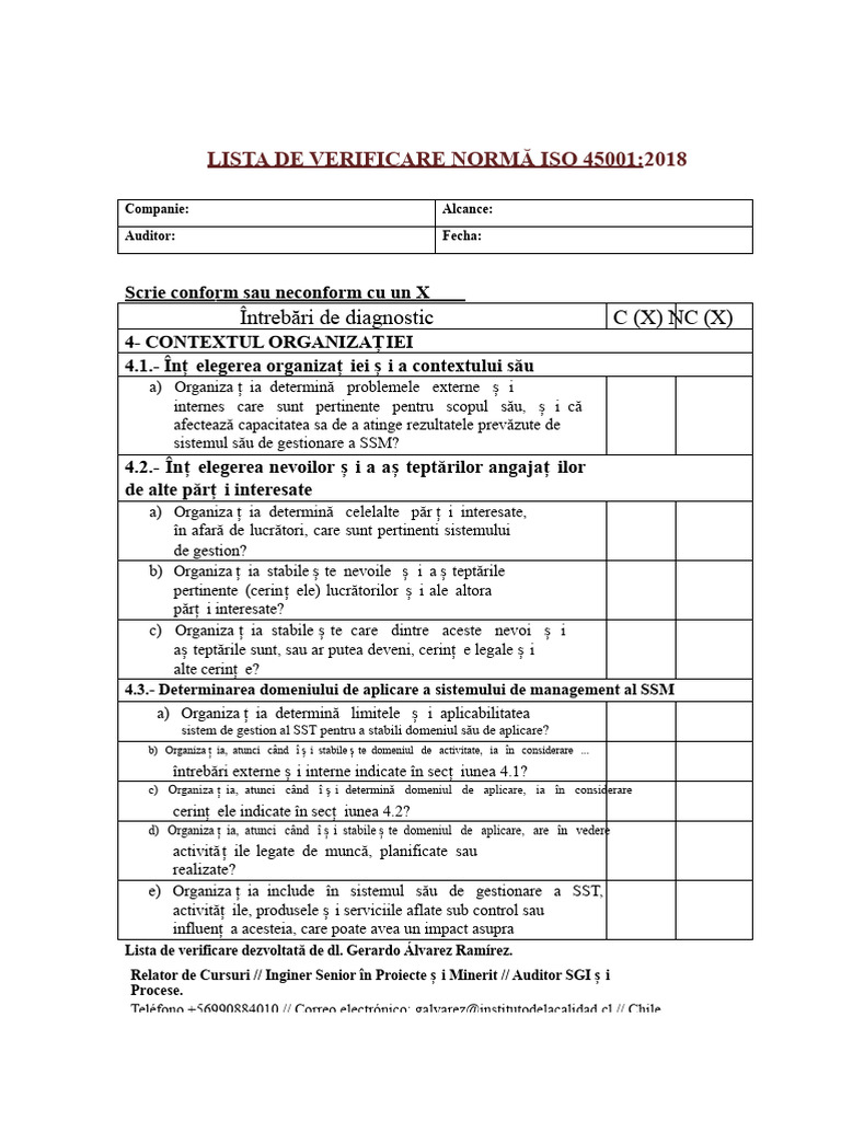 Lista de Verificare Norma ISO 45001 | PDF