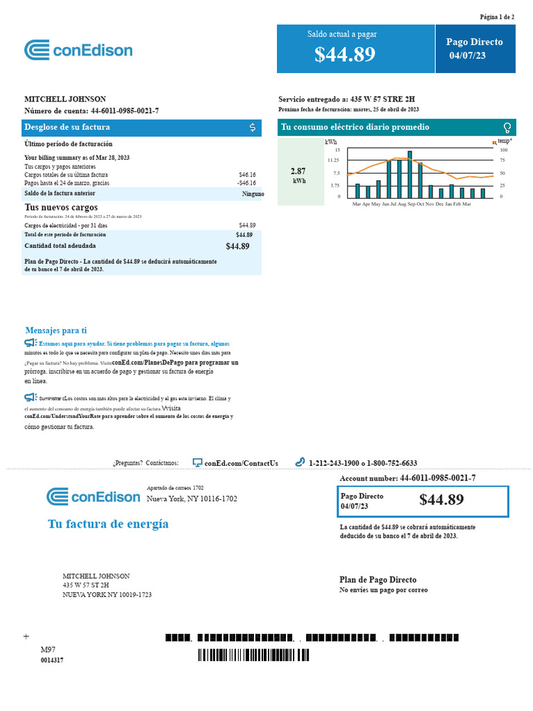 Resumen de Factura de Electricidad de Con Edison | PDF | Tarjeta de ...