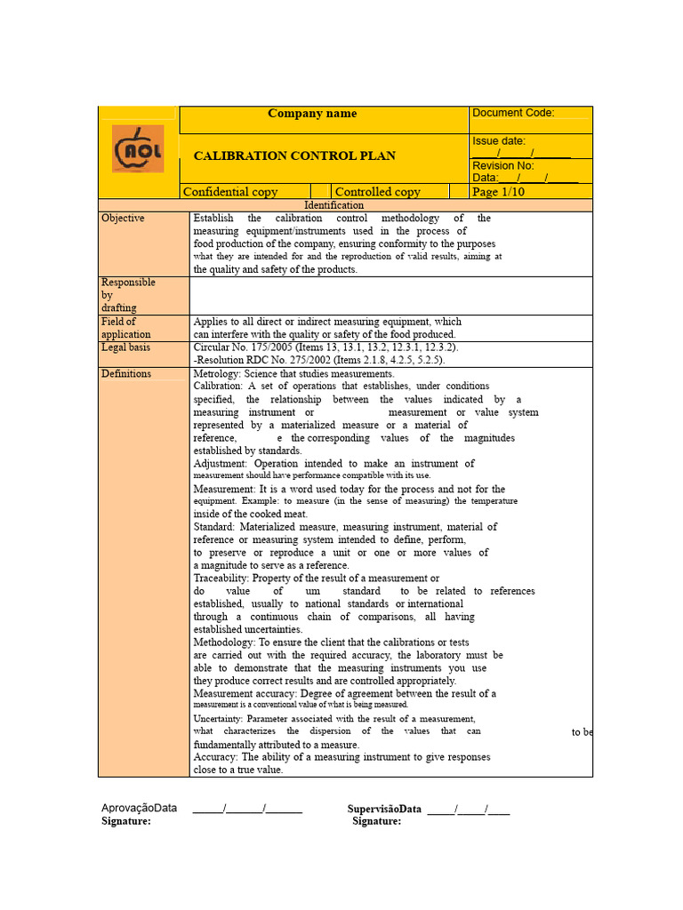 Calibration Control Plan for Food Safety | PDF | Calibration | Accuracy ...