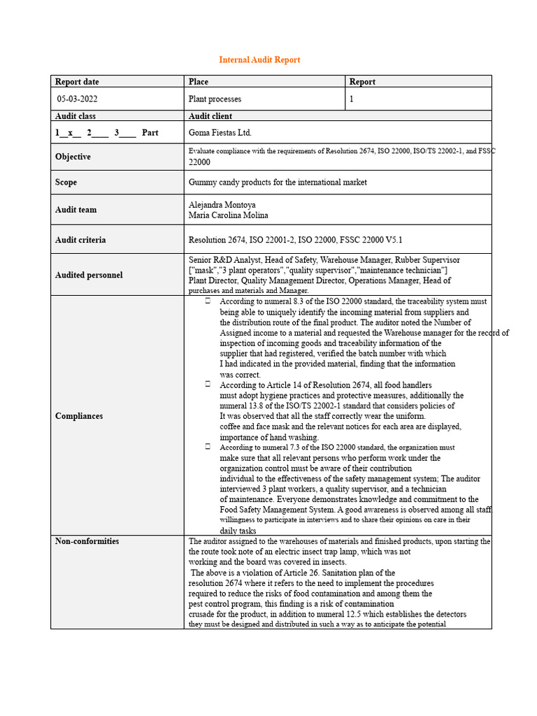 Internal Audit Compliance Report for Goma Fiestas | PDF | Audit ...