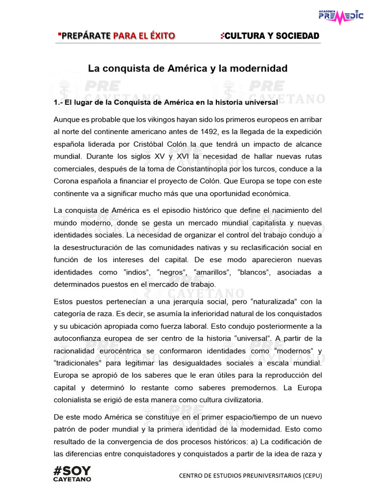 Semana 1 Lectura La Conquista de America | PDF | Colonización europea ...