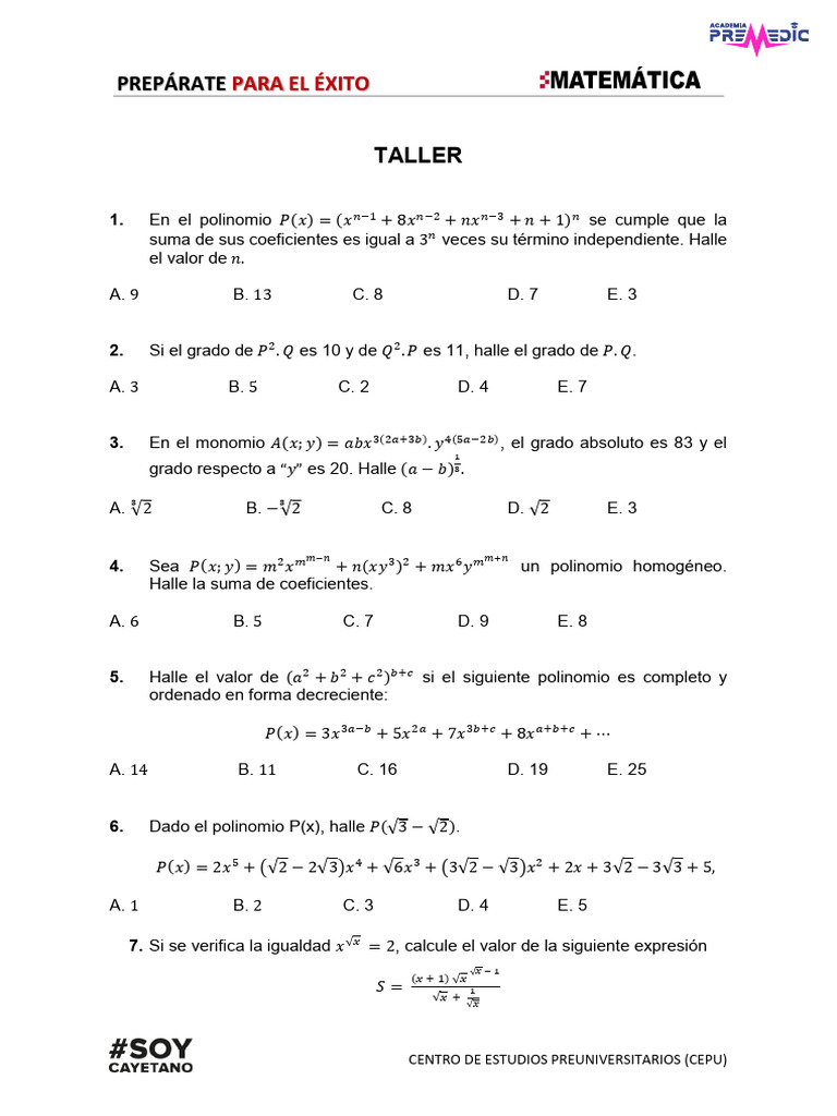 Semana 1 Taller Expresiones y Operaciones Algebraicas | PDF | Objetos ...