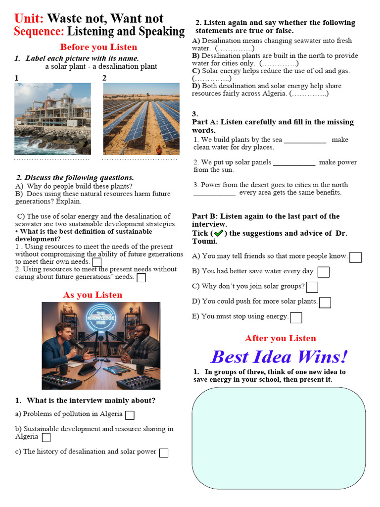listening and speaking worksheet | PDF | Desalination | Water