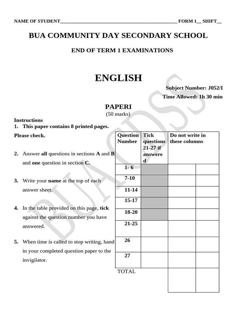English Exam Paper for Form 1 Students | PDF | Verb | Morphology