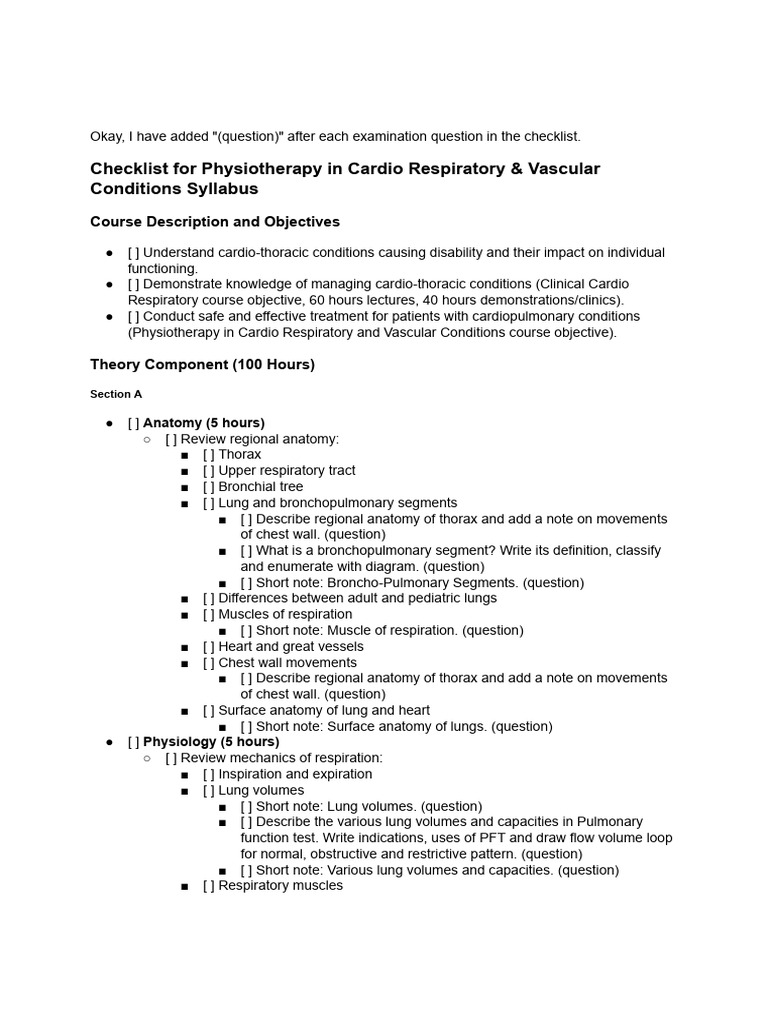 Physiotherapy Checklist for Cardio-Respiratory | PDF | Respiration ...