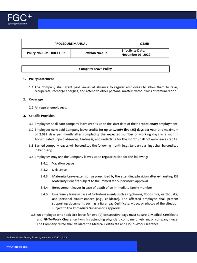 PM OHR CL 02 - Company Leave Policy | PDF | Sick Leave | Parental Leave