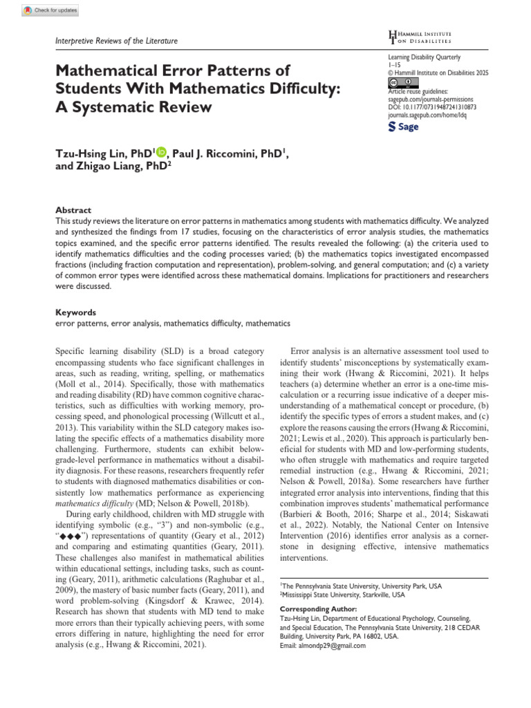 Lin Et Al 2025 Mathematical Error Patterns of Students With Mathematics ...