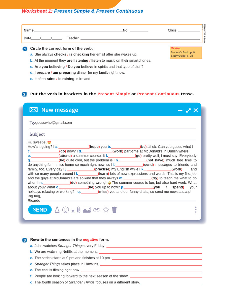 Present Simple vs Continuous Worksheet | PDF