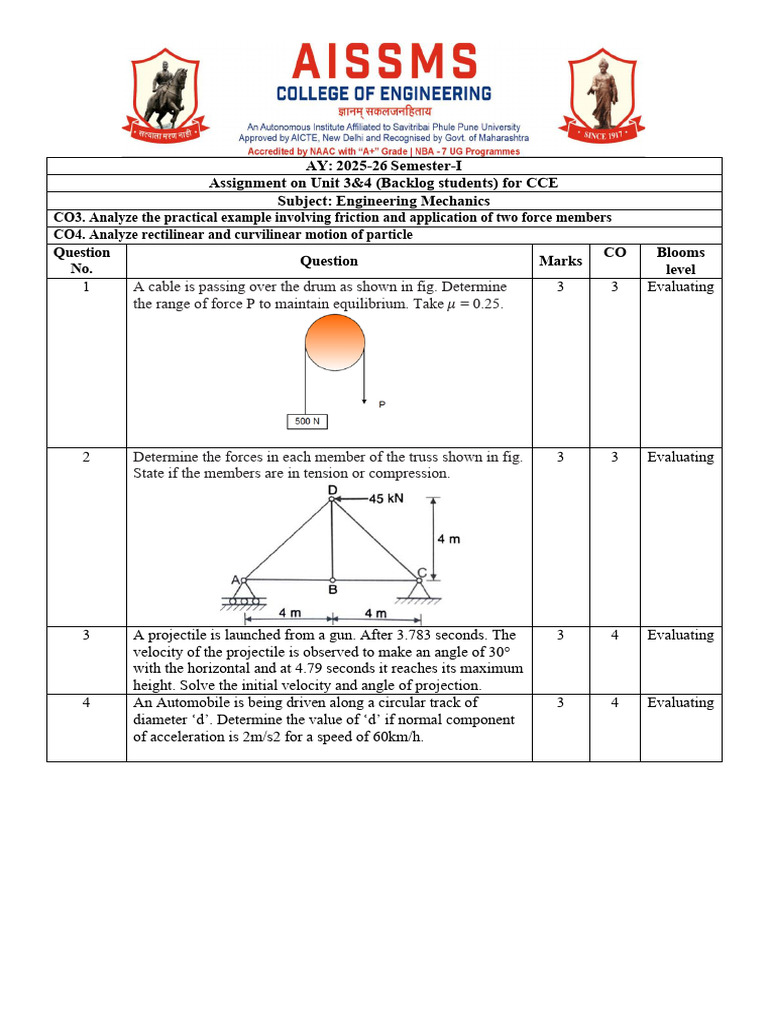 Engineering Mechanics Assignment 2025-26 | PDF