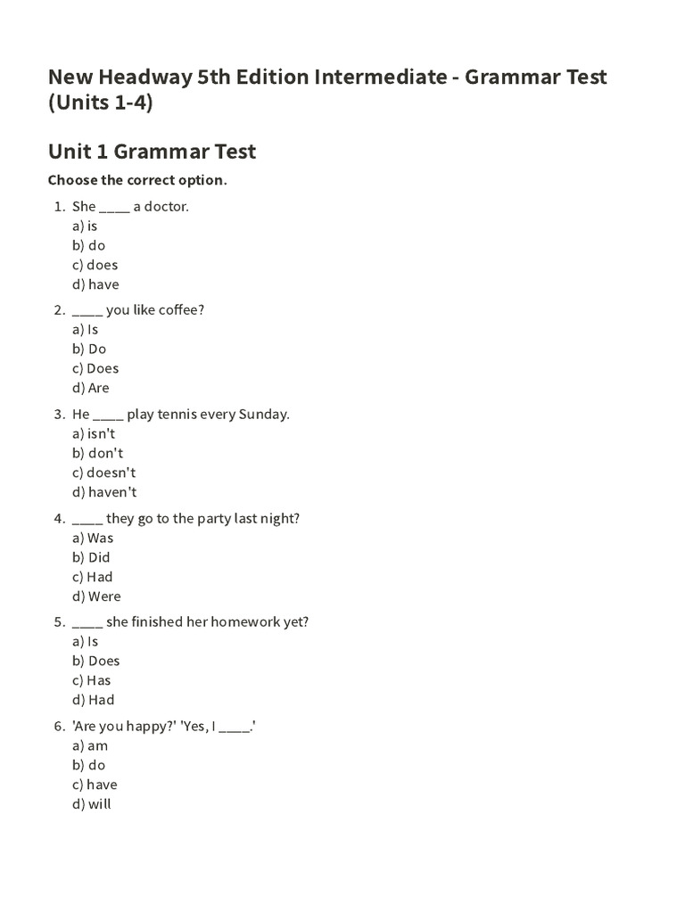 Intermediate Grammar Test Units 1-4 | PDF | Chess Theory | Chess
