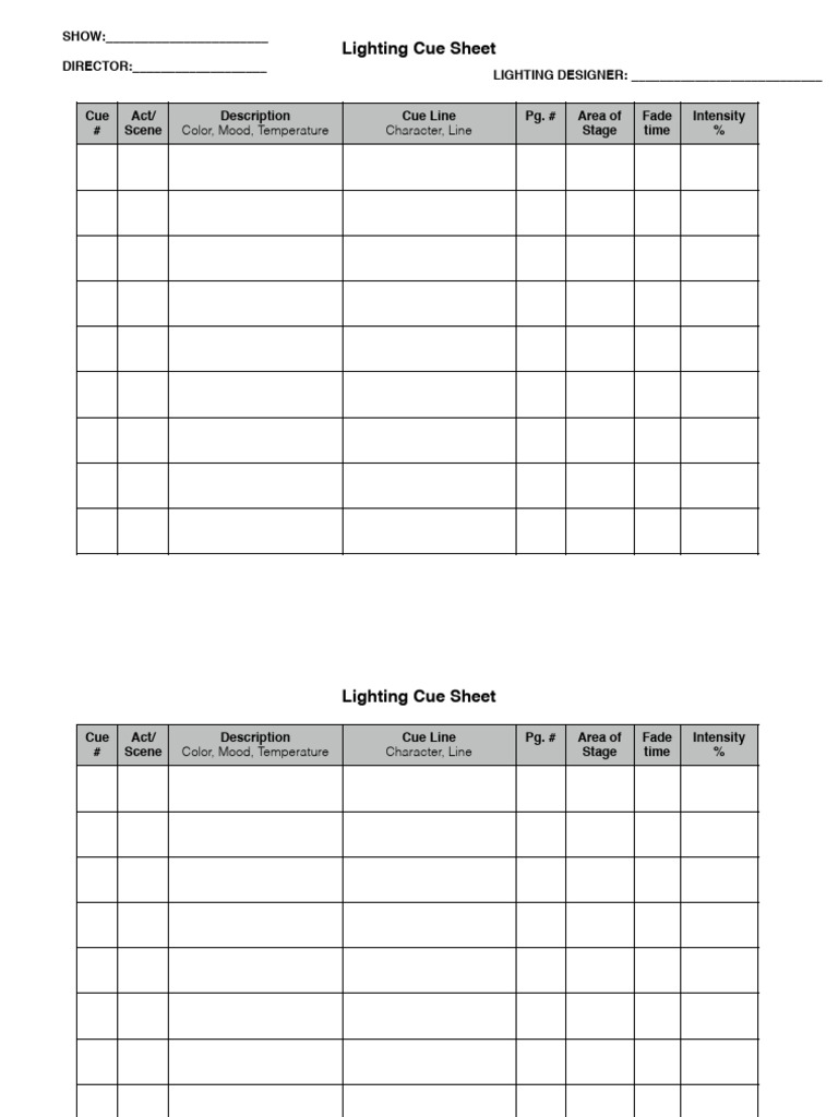 Lighting Cue Sheet Template | PDF