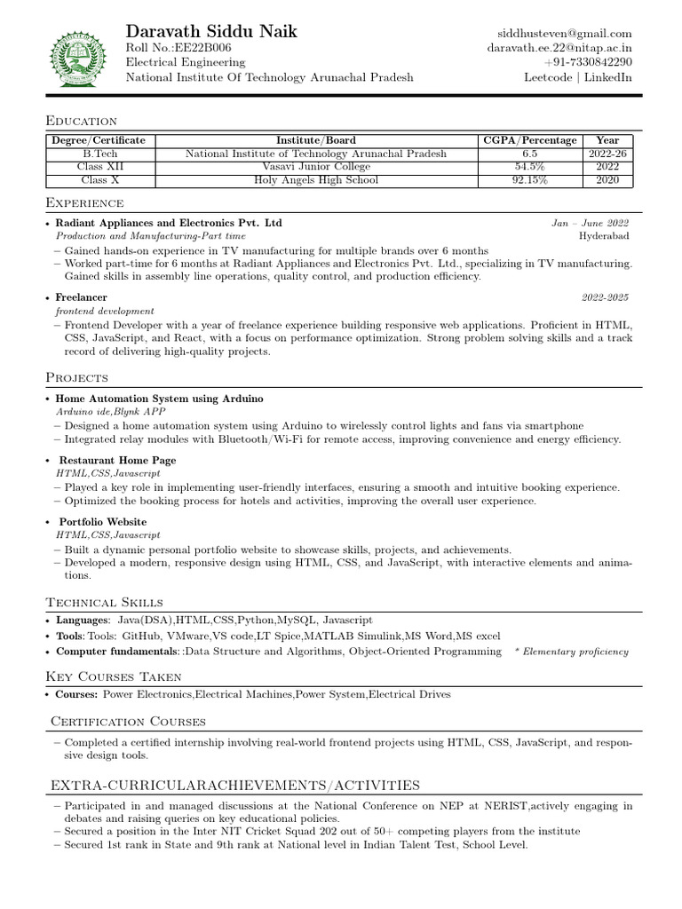 Daravath Siddu Naik Resume | PDF | Websites | Java Script