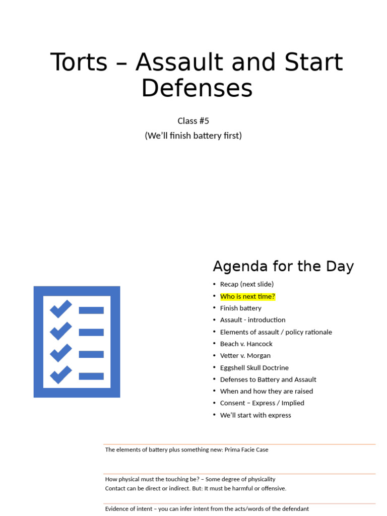 Torts Class C5 End Battery Then Assault and Defenses | PDF | Tort ...