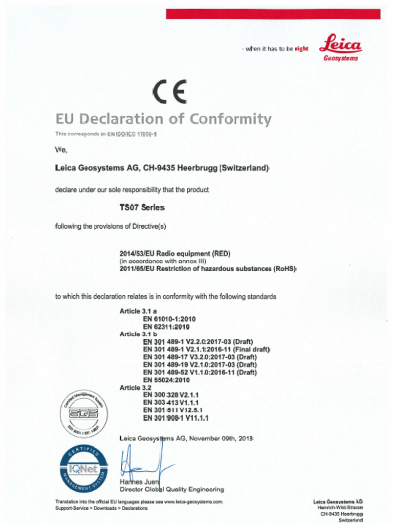 Leica FlexLine TS07 EU Conformity Declaration QDC | PDF