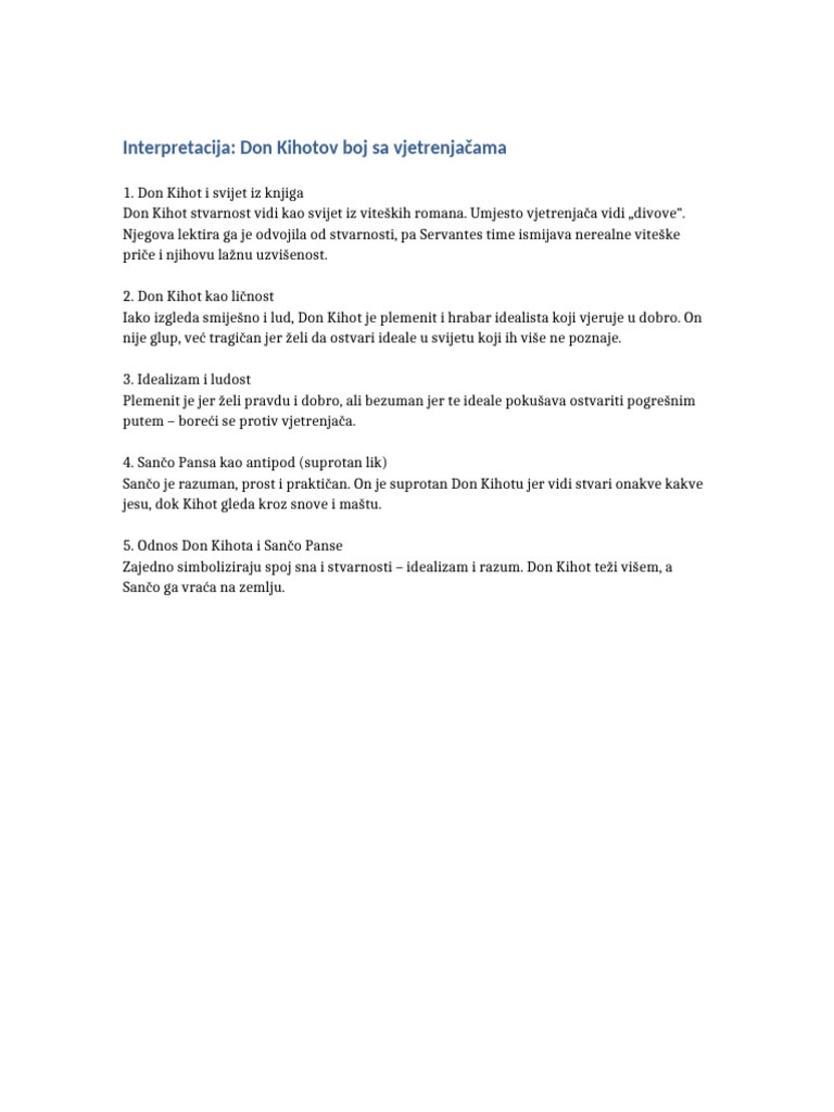 Interpretacija Don Kihotov Boj Sa Vjetrenjacama | PDF