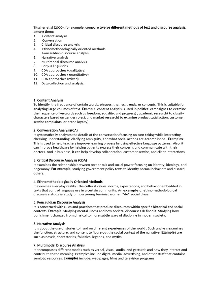Twelve Different Methods of Text and Discourse Analysis | PDF ...