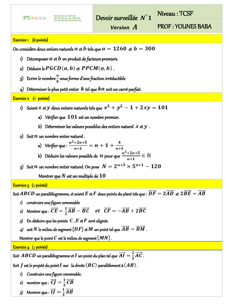Devoir de mathématiques TCSF : Exercices | PDF | Objets mathématiques ...