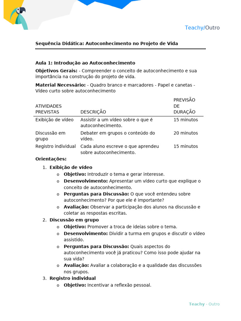 Autoconhecimento e Projeto de Vida | PDF | Aprendizado | Planejamento