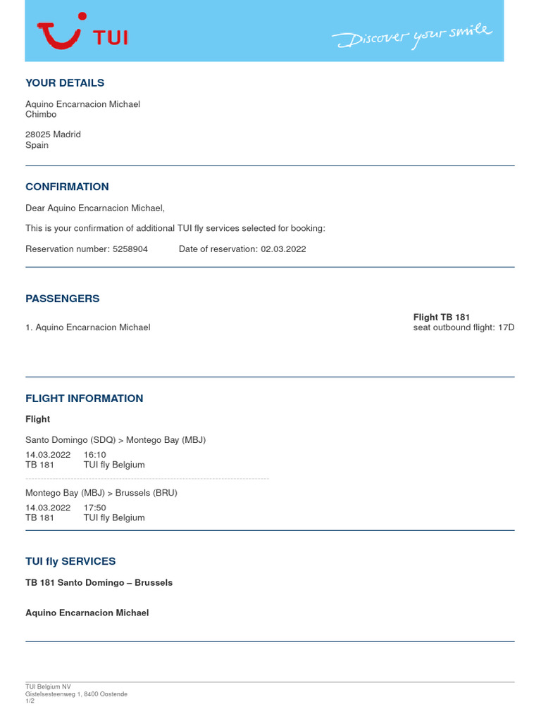 TUI Fly Reservation Confirmation 5258904 | PDF