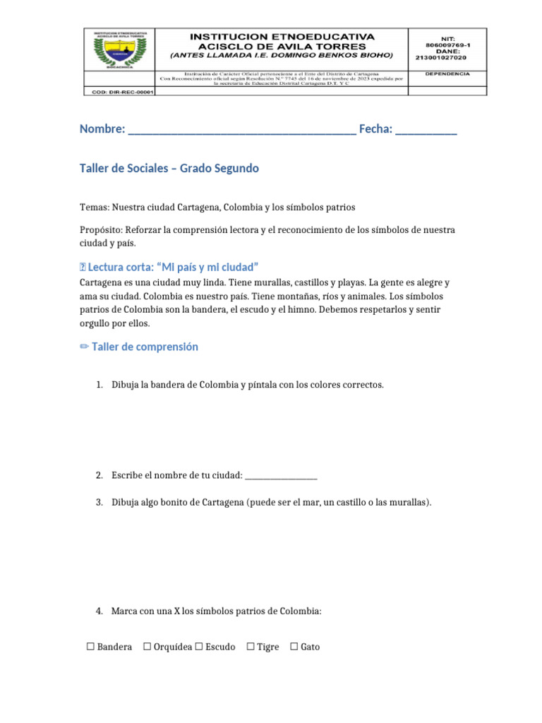 Copia de Taller Sociales Grado Segundo | PDF