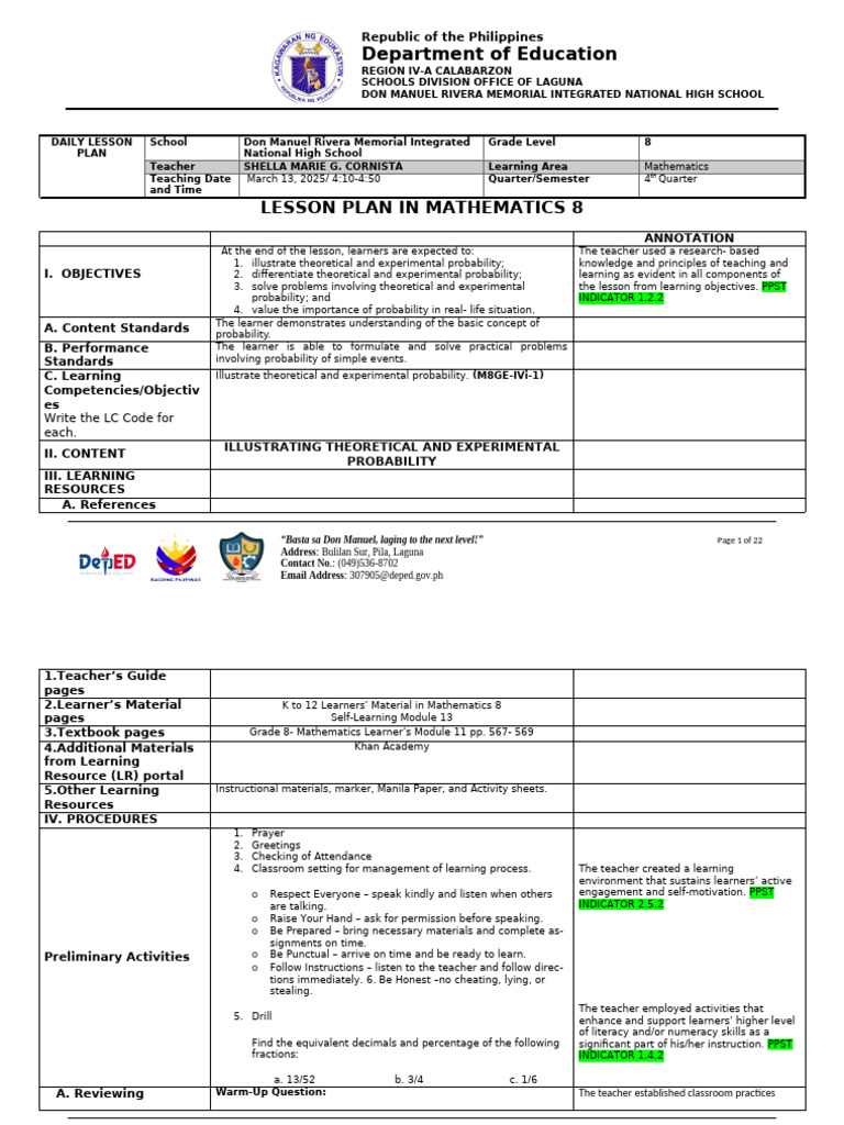 Grade 8 Probability Lesson Plan | PDF | Learning | Teachers