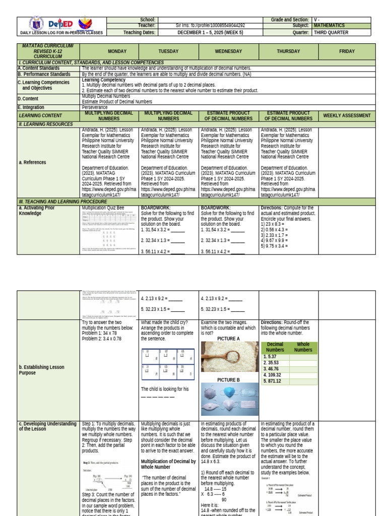 Daily Math Lesson Plan: Decimals | PDF | Multiplication | Numbers