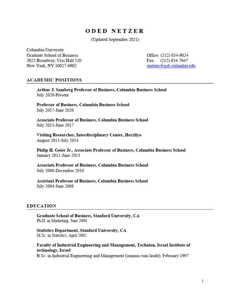 Oded Netzer CV_9-21 | PDF | Analytics | Marketing