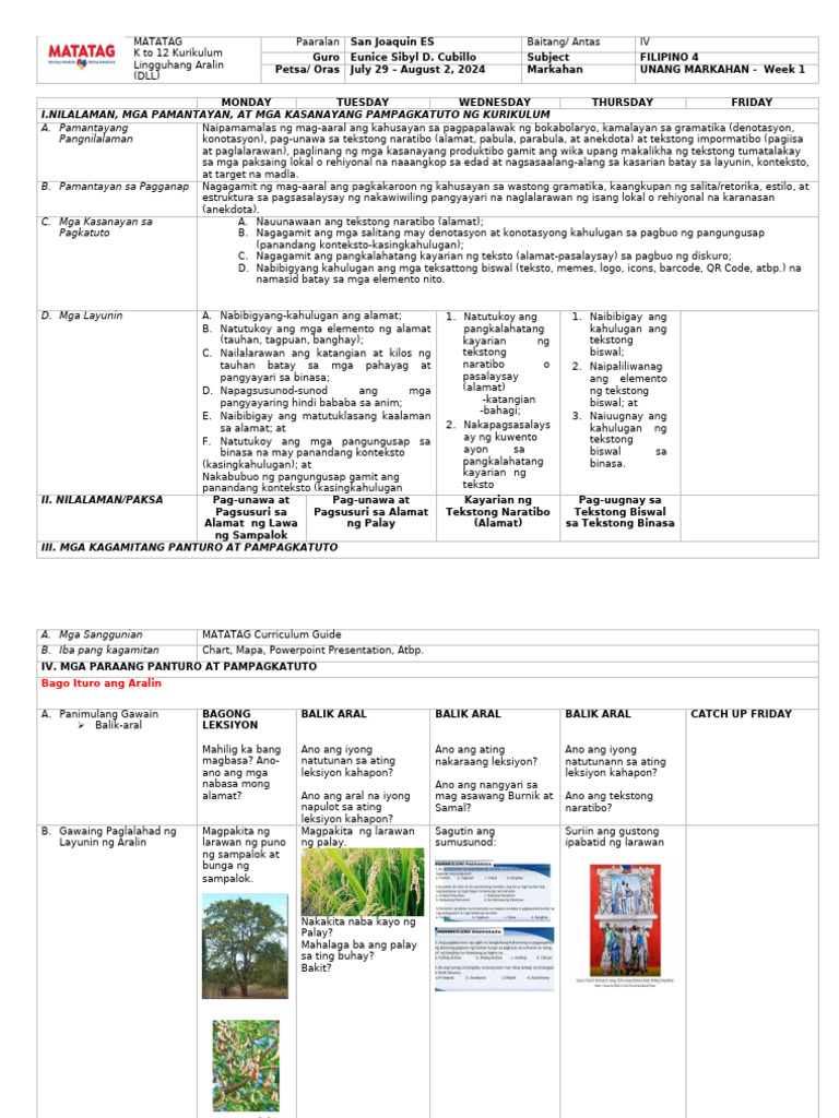 Matatag DLL Week 1 Filipino g4 | PDF