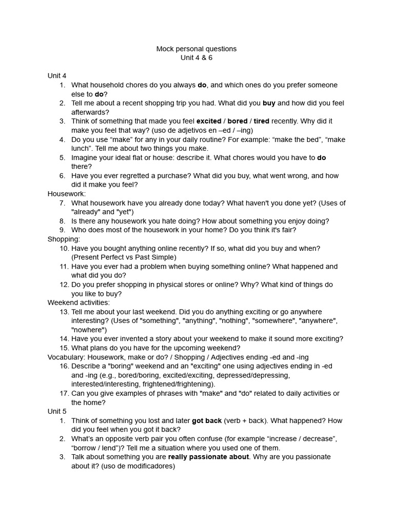 Mock Personal Questions for ESL Practice | PDF | Syntax | Linguistics