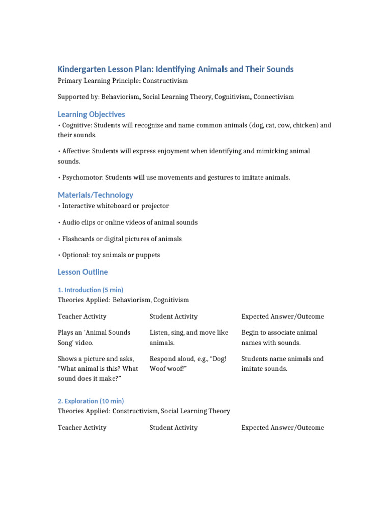 Kindergarten Animal Sounds Lesson Plan | PDF | Constructivism ...