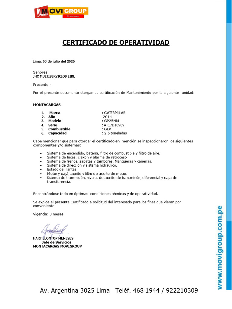 Certificado de Operatividad - Jul25 | PDF