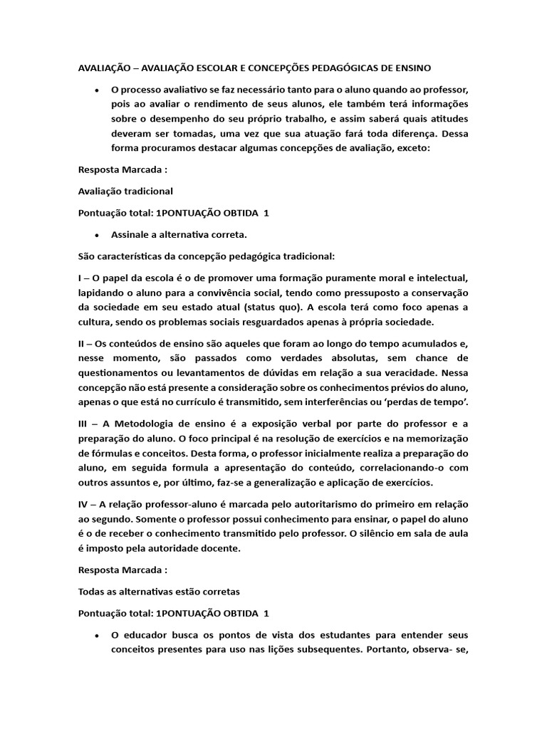 Avaliação Escolar e Concepções Pedagógicas | PDF | Pedagogia | Aprendizado