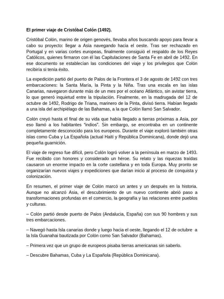 Primer viaje de Colón: descubrimiento 1492 | PDF | Cristobal colon ...
