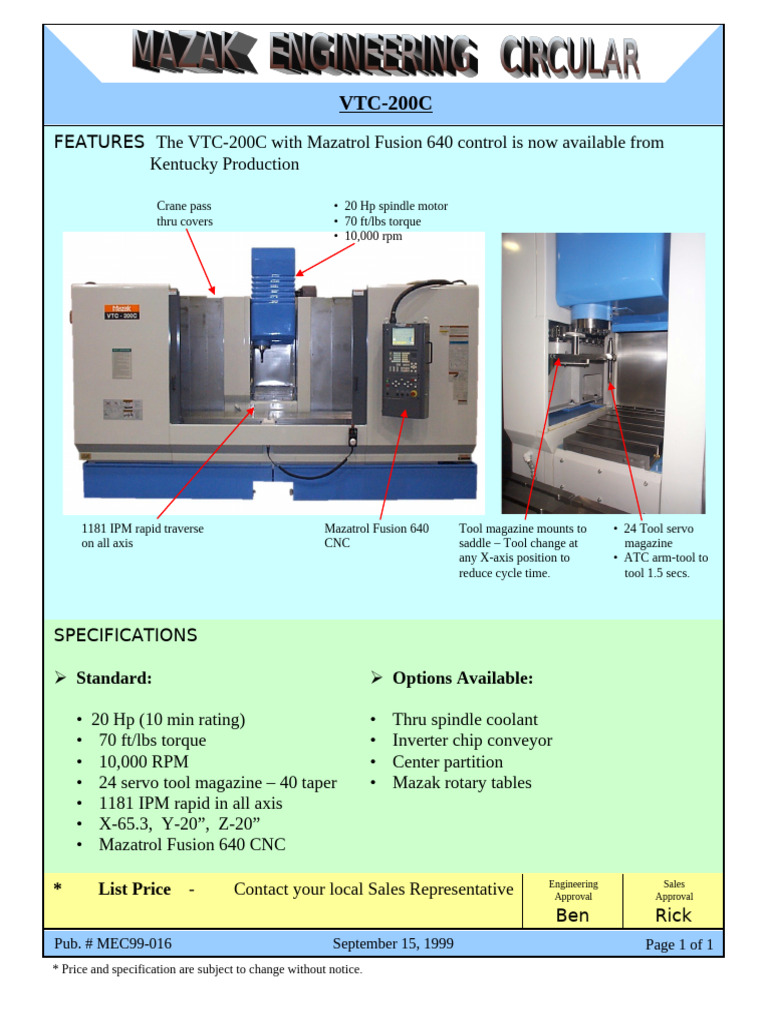 VTC-200C CNC Machine Specifications | PDF