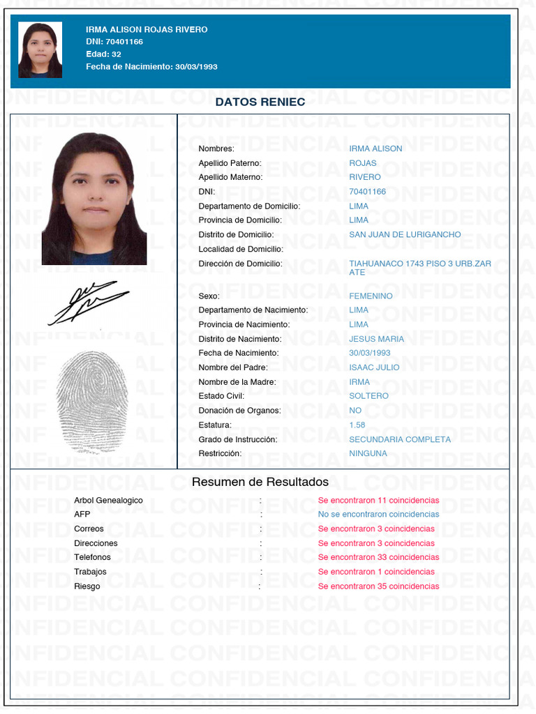 Datos Personales de Irma Rojas Rivero | PDF