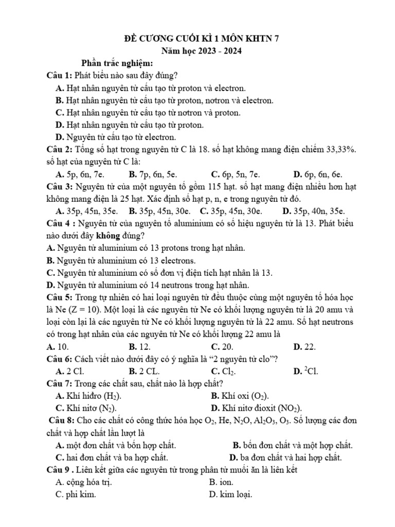 De Cuong KHTN 7 Cuoi Ki 1 - 3012202414 | PDF