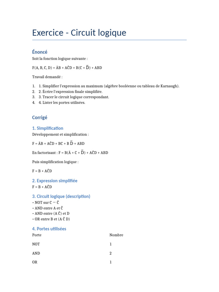 Simplification d'un circuit logique F(A, B, C, D) | PDF | Logique ...